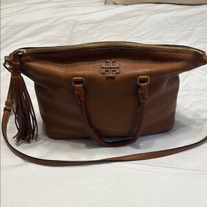 Tory Burch Brown Pebbled Leather Shoulder Bag with Tassel Accent